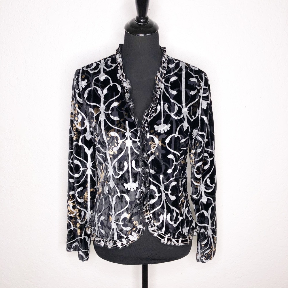 Chicos Silk Blend Velvet Burnout Jacket Black Silver Gold Ruffle Size 0 Small